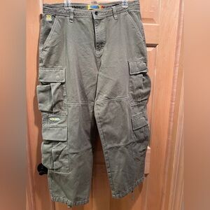 Men's Olive Baggy Relaxed Cargo Pants Sz 34 Button Fly Drawstring Skater Grunge